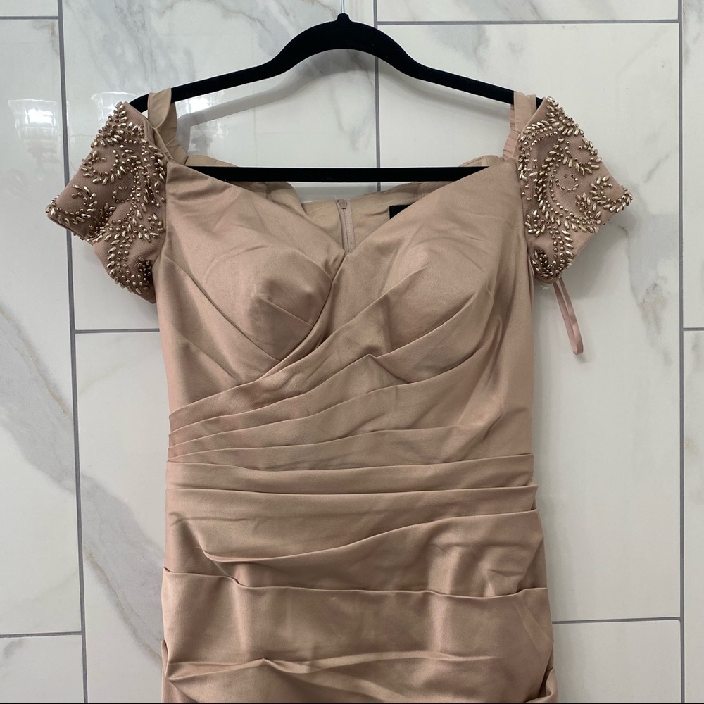 New! La Femme Off the Shoulder Beaded Satin Trumpet Gown - Picture 3 of 13